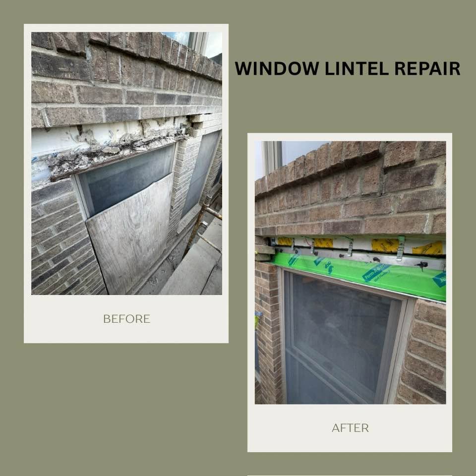 Before and after window lintel repair on a brick home in Fenton, MI
